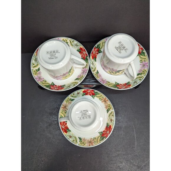 Home Essentials Stoneware Poinsettia Scroll Flat Cup and Saucer Sets Lot of 3 - Picture 8 of 9